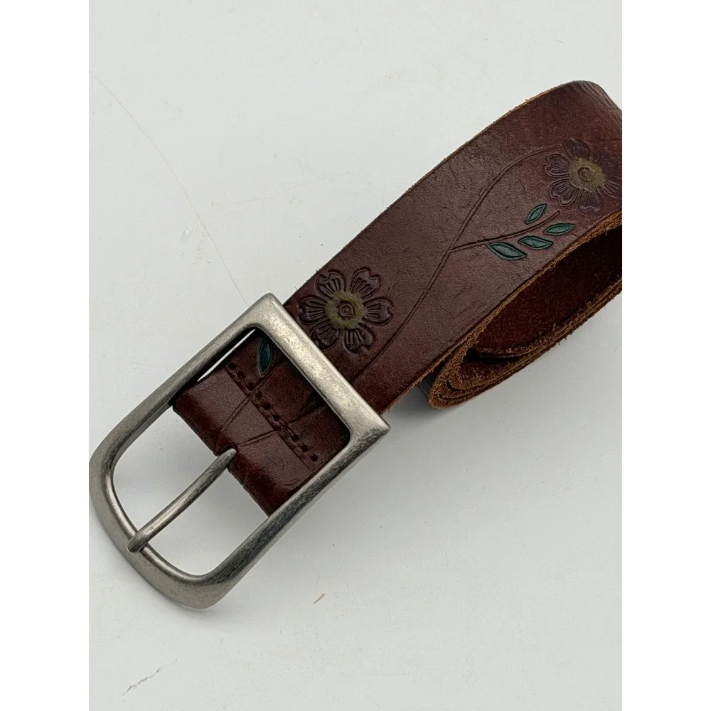 Brown Leather Floral Embossed Belt Silver Tone Buckle Western Boho Hand Painted
